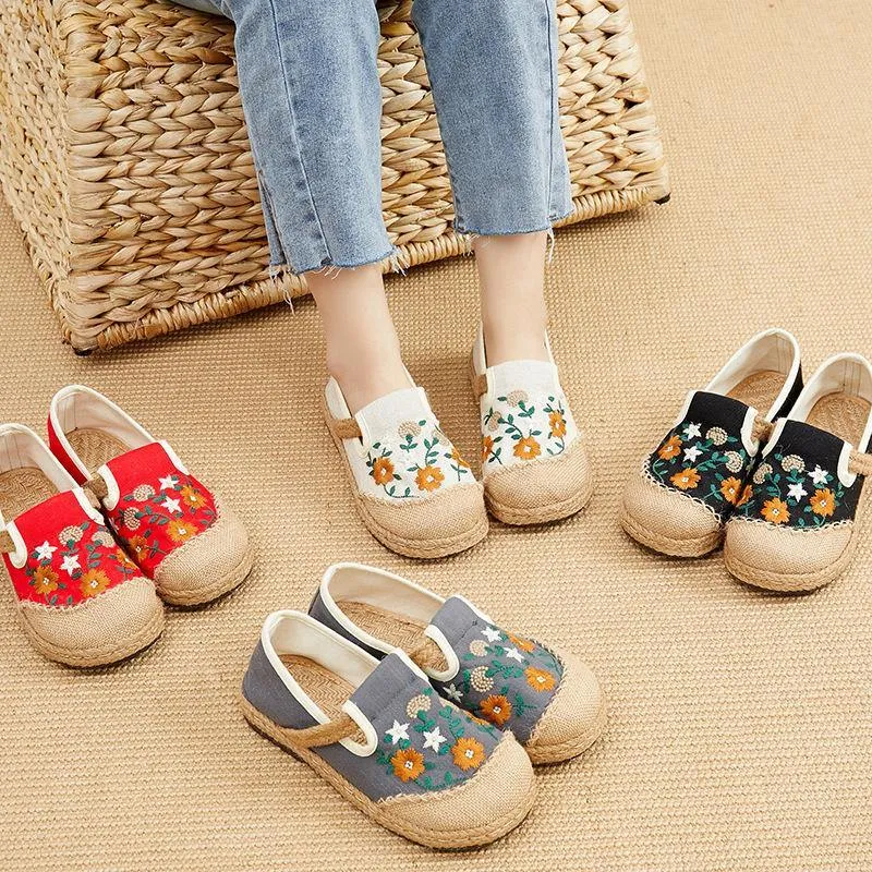 Beige Embroidered Linen Fabric Flats