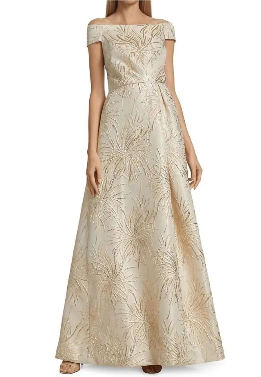 Champagne Gold Metallic Jacquard Off Shoulder Gown