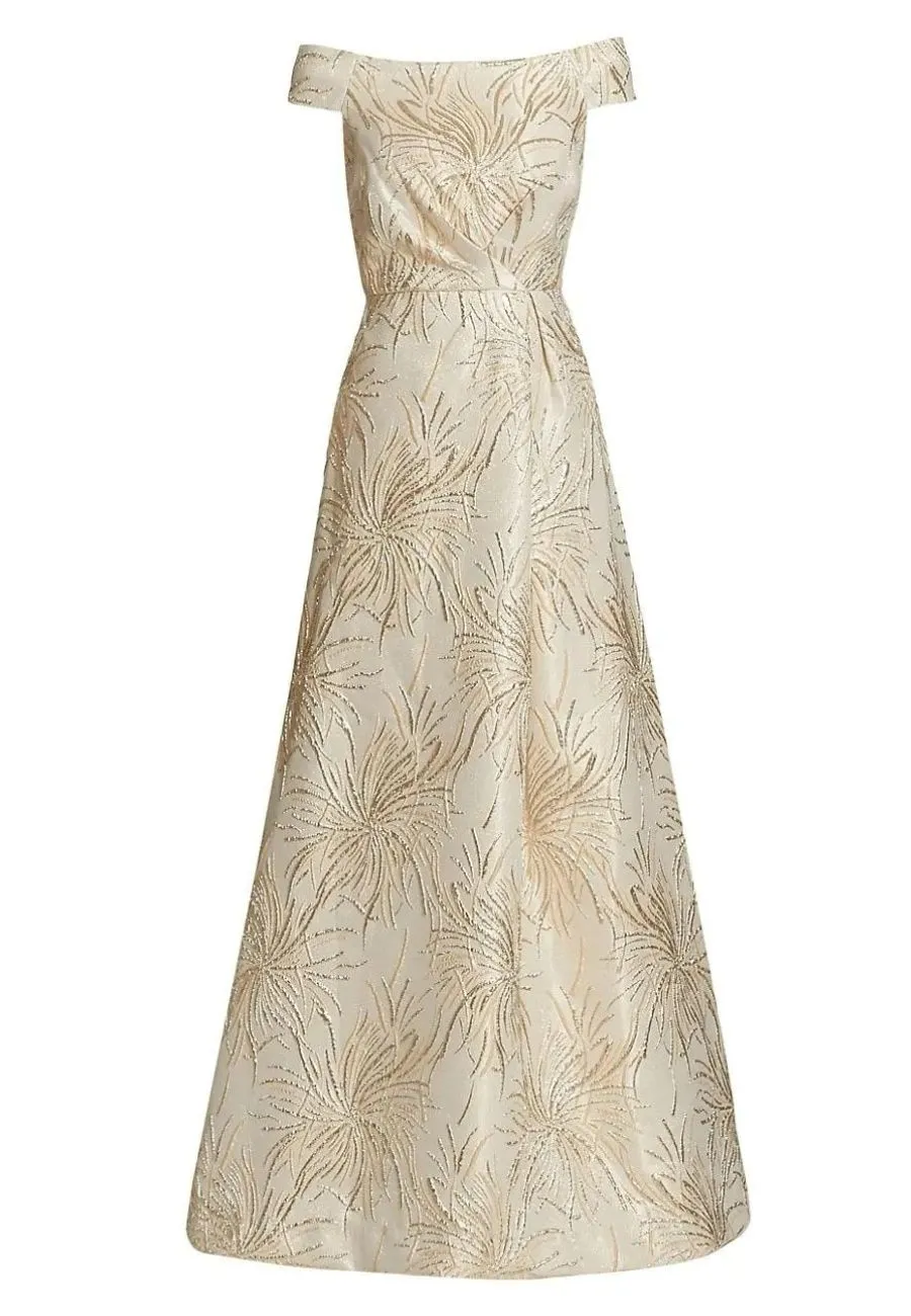 Champagne Gold Metallic Jacquard Off Shoulder Gown