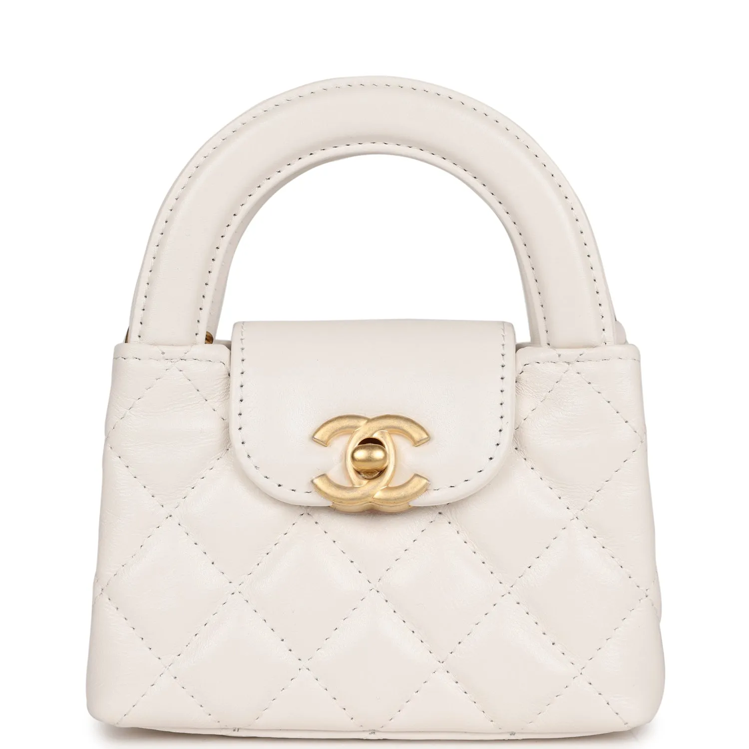 Chanel Nano Kelly Shopper White Shiny Aged Calfskin Brushed Gold Hardware