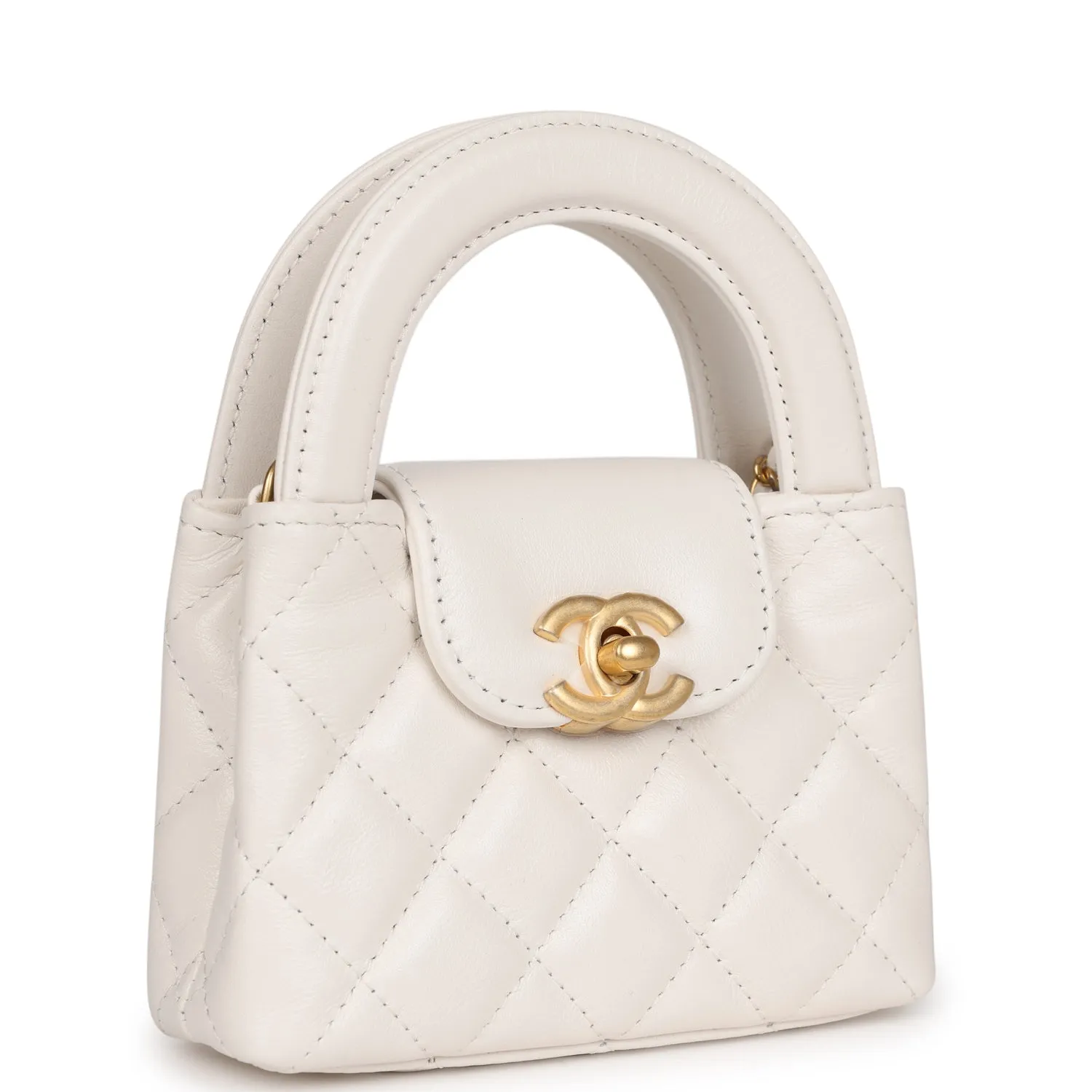 Chanel Nano Kelly Shopper White Shiny Aged Calfskin Brushed Gold Hardware
