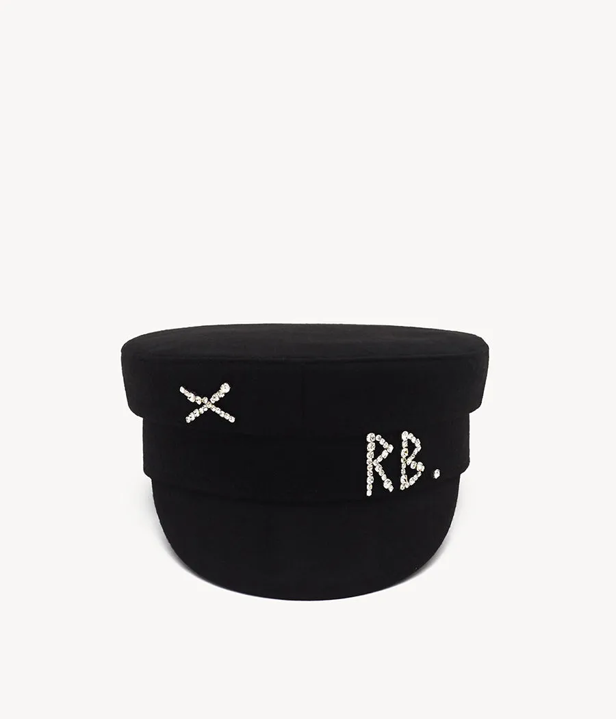 Crystal-embellished Black Wool Baker Boy Cap