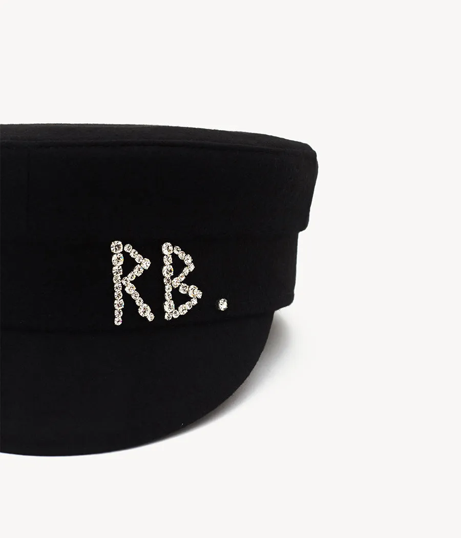 Crystal-embellished Black Wool Baker Boy Cap
