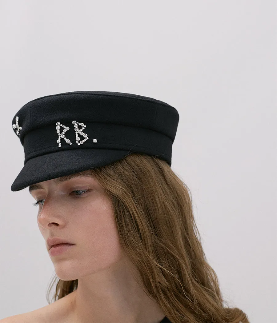 Crystal-embellished Black Wool Baker Boy Cap