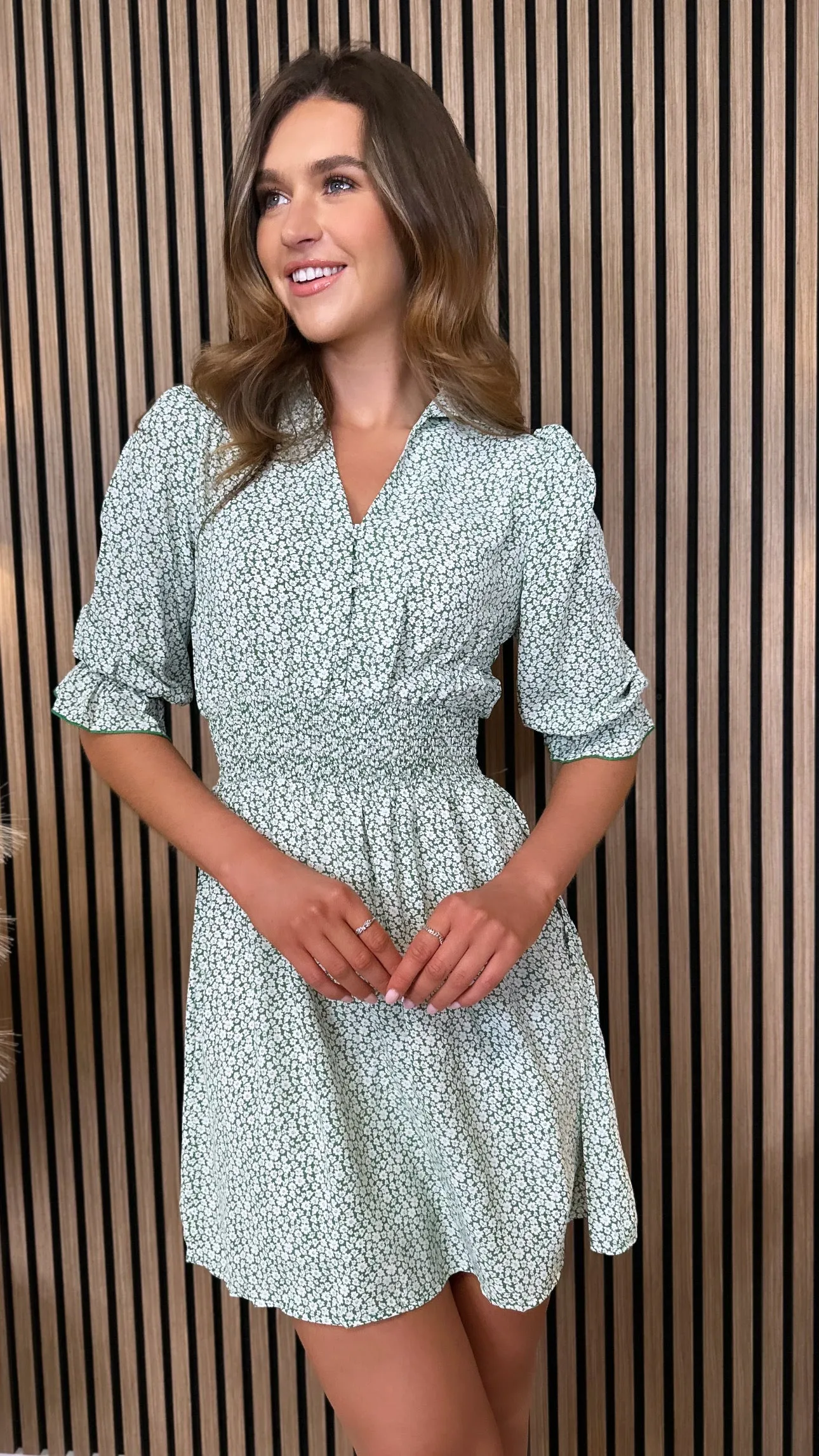 Lailah Green Ditsy Printed Collared Mini Dress