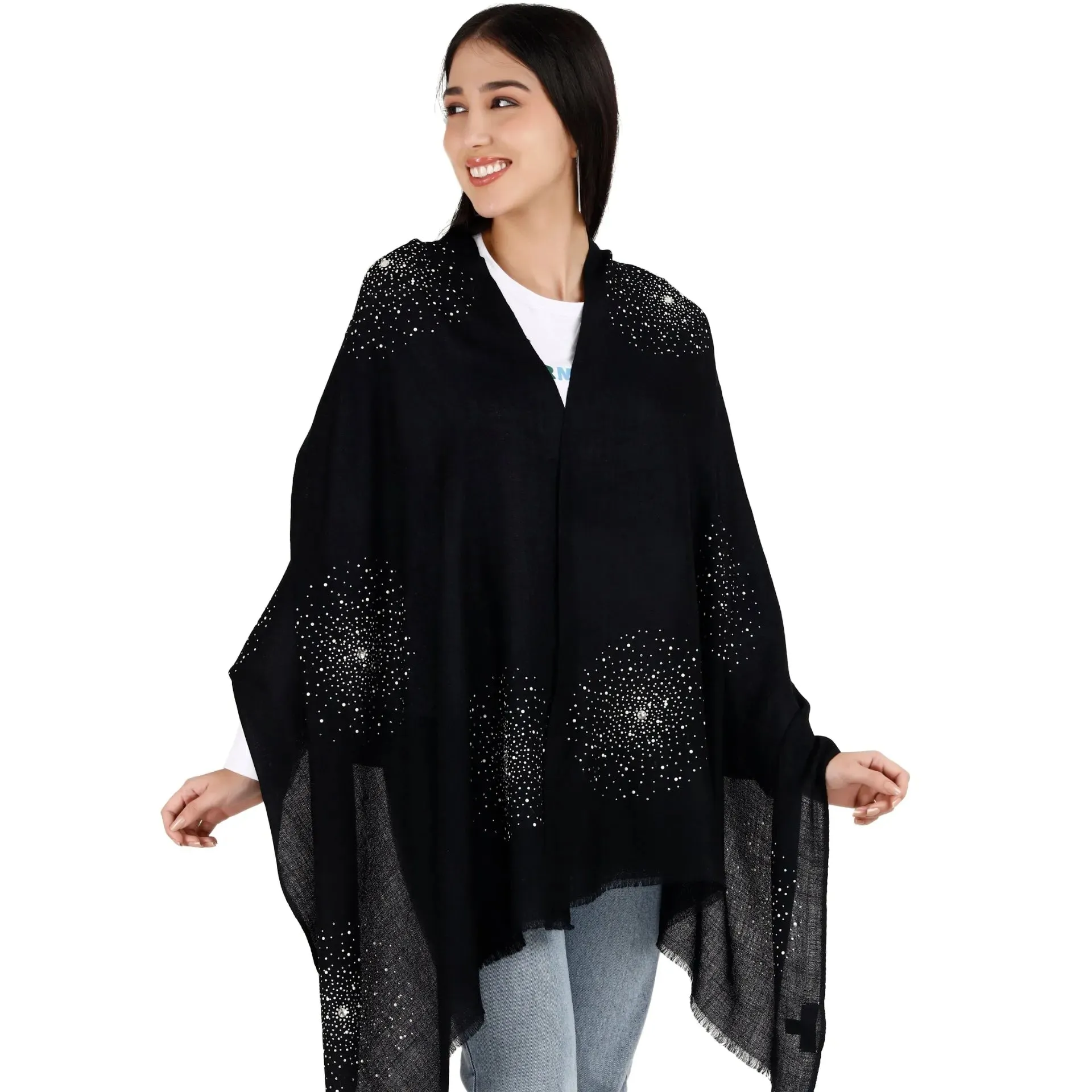 Large Pashmina Shawl with Crystal Beads Burst Design
