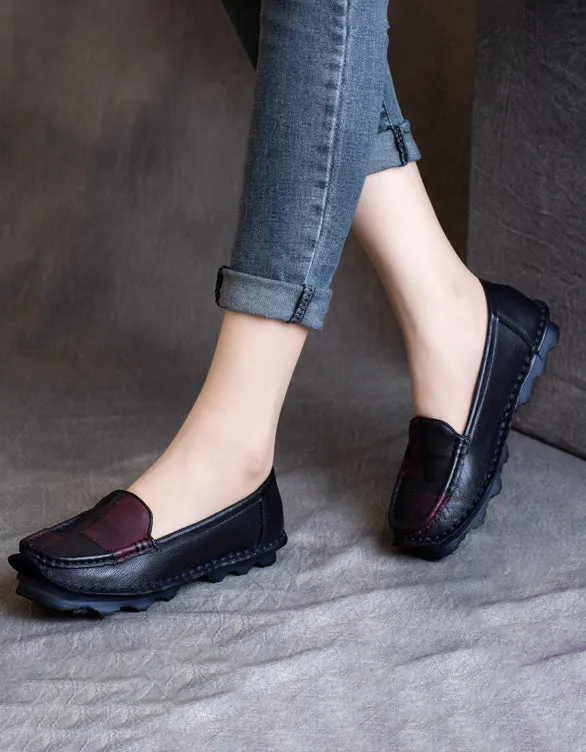 Round Head Handmade Retro Leather Loafers for Women 42