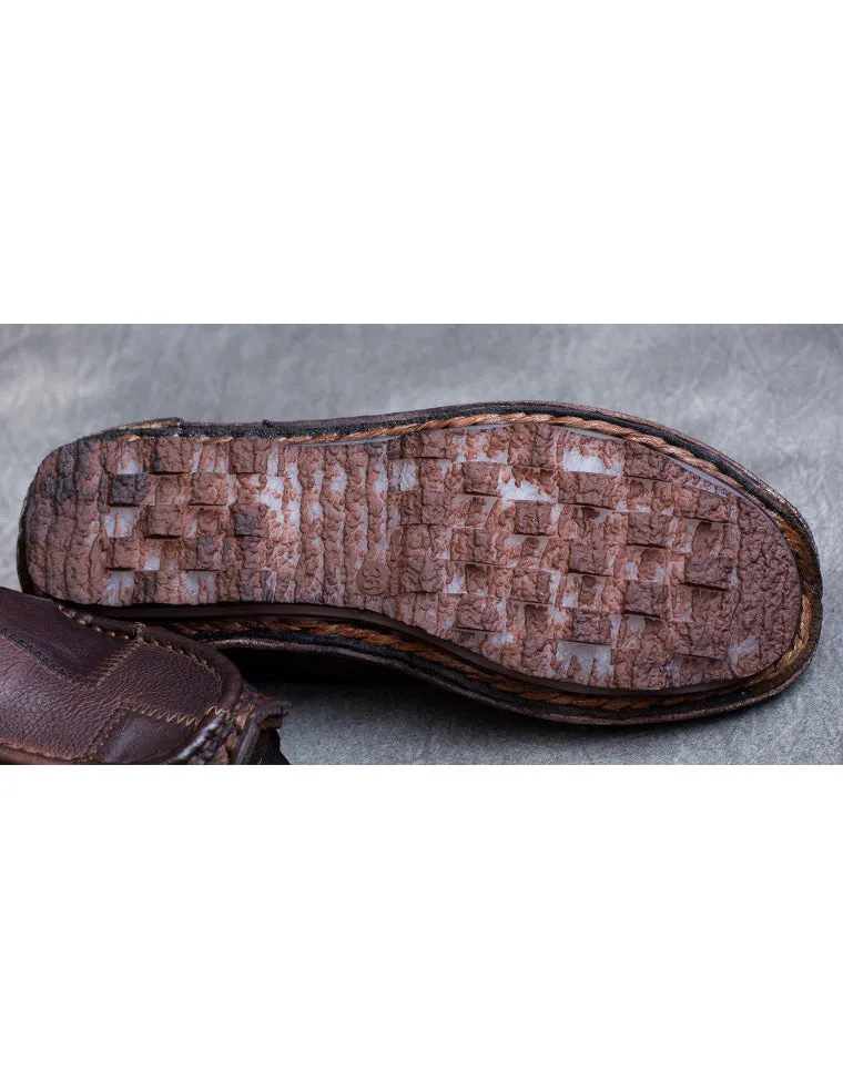 Round Head Handmade Retro Leather Loafers for Women 42