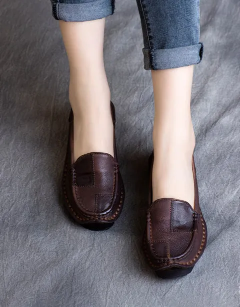 Round Head Handmade Retro Leather Loafers for Women 42
