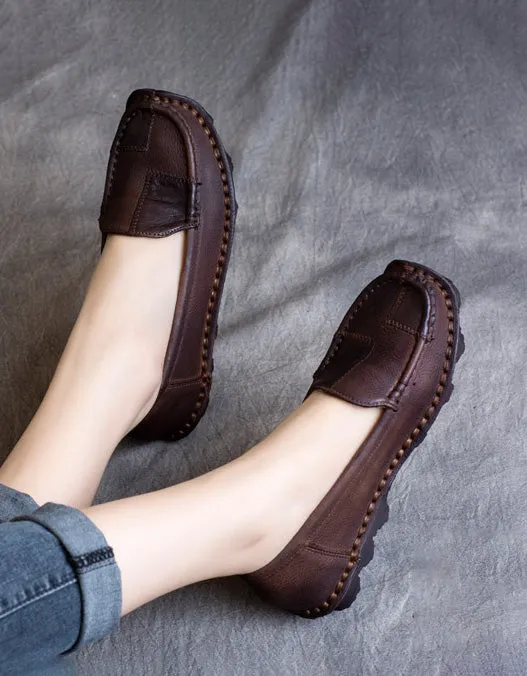 Round Head Handmade Retro Leather Loafers for Women 42