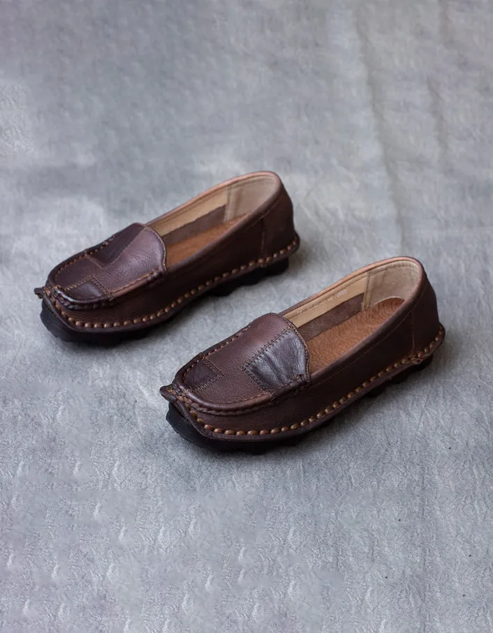 Round Head Handmade Retro Leather Loafers for Women 42