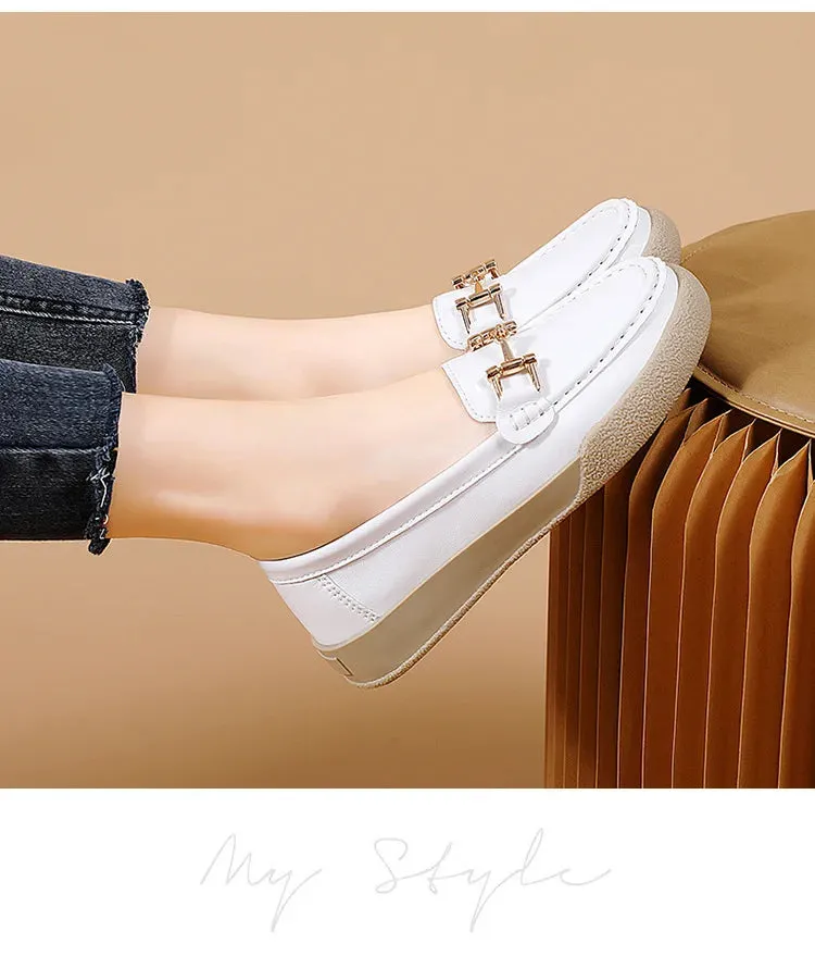 Shoes For Women Summer Leather Slip On Beige Casual Walking Ladies Non-Slip Soft Sole Loafers