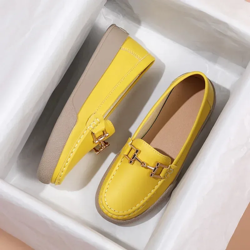Shoes For Women Summer Leather Slip On Beige Casual Walking Ladies Non-Slip Soft Sole Loafers
