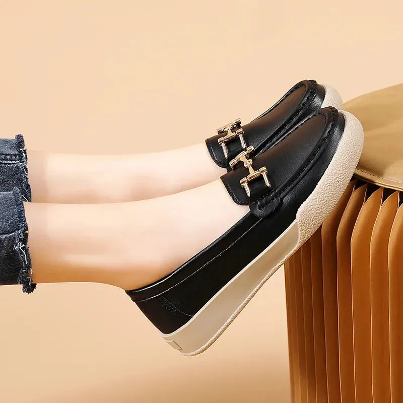 Shoes For Women Summer Leather Slip On Beige Casual Walking Ladies Non-Slip Soft Sole Loafers