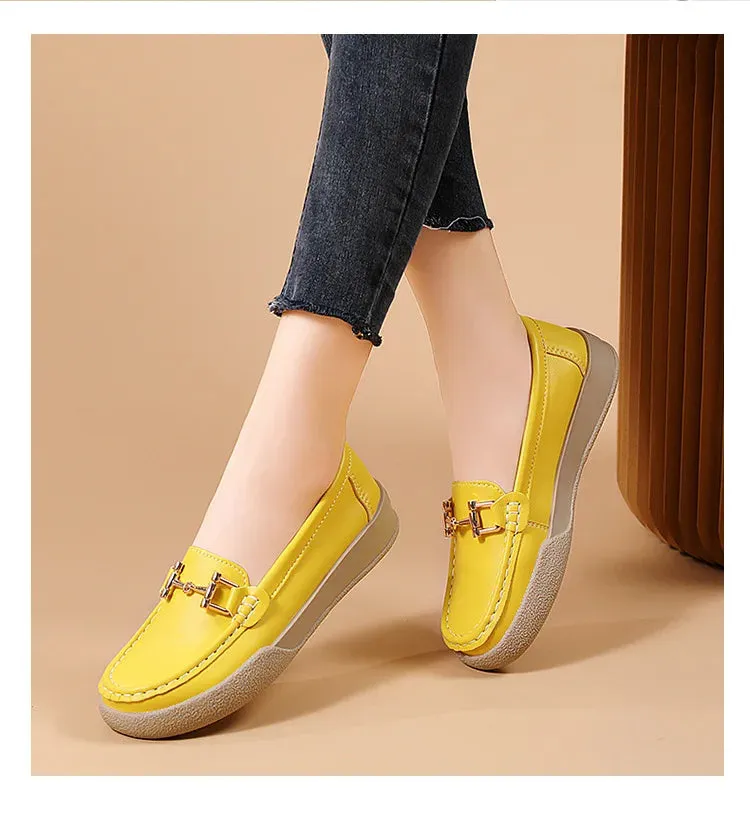 Shoes For Women Summer Leather Slip On Beige Casual Walking Ladies Non-Slip Soft Sole Loafers