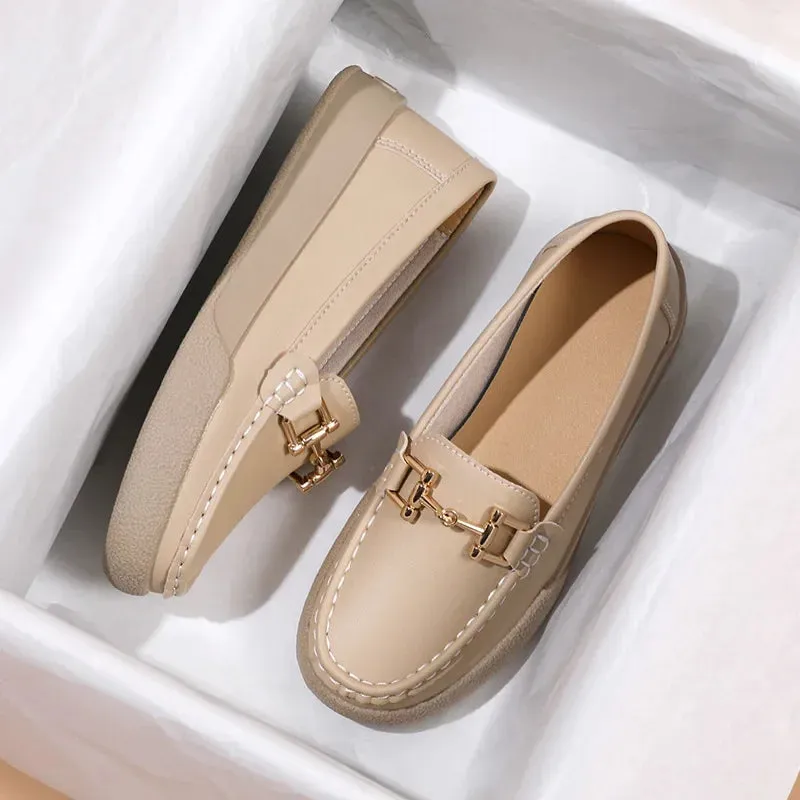 Shoes For Women Summer Leather Slip On Beige Casual Walking Ladies Non-Slip Soft Sole Loafers