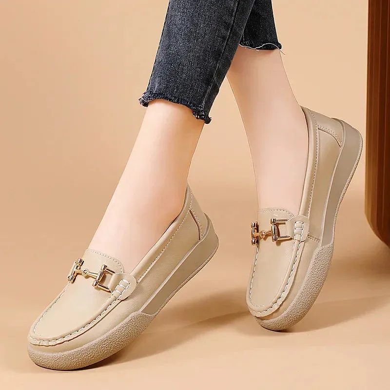 Shoes For Women Summer Leather Slip On Beige Casual Walking Ladies Non-Slip Soft Sole Loafers