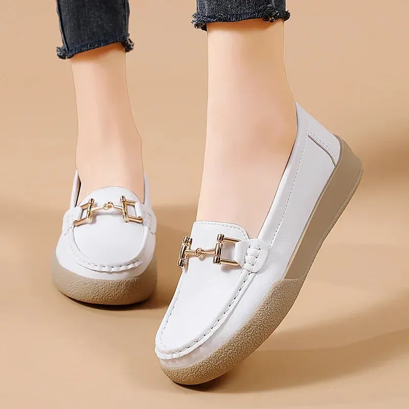 Shoes For Women Summer Leather Slip On Beige Casual Walking Ladies Non-Slip Soft Sole Loafers