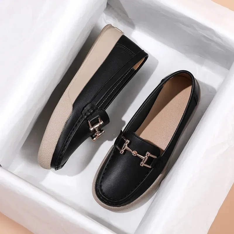 Shoes For Women Summer Leather Slip On Beige Casual Walking Ladies Non-Slip Soft Sole Loafers