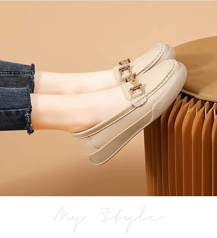 Shoes For Women Summer Leather Slip On Beige Casual Walking Ladies Non-Slip Soft Sole Loafers