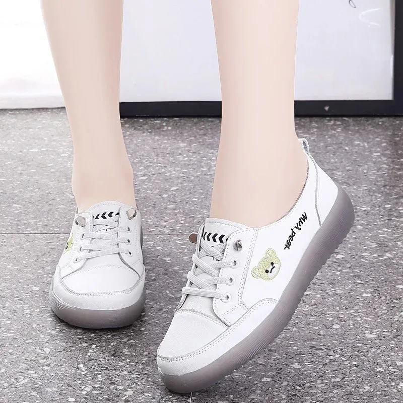 Spring Oxfords Women's Flat Shoes Casual Classic Solid Color PU Leather White Lacing Sneakers