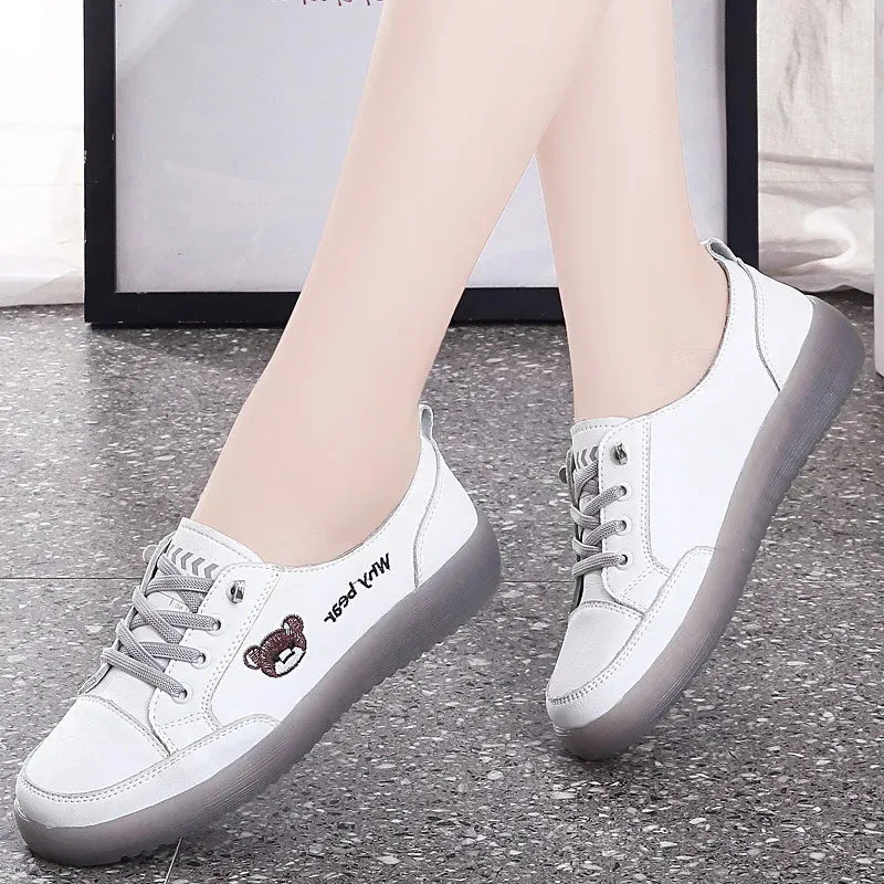 Spring Oxfords Women's Flat Shoes Casual Classic Solid Color PU Leather White Lacing Sneakers