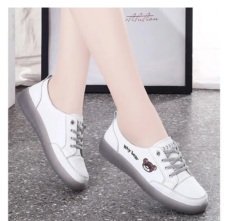 Spring Oxfords Women's Flat Shoes Casual Classic Solid Color PU Leather White Lacing Sneakers
