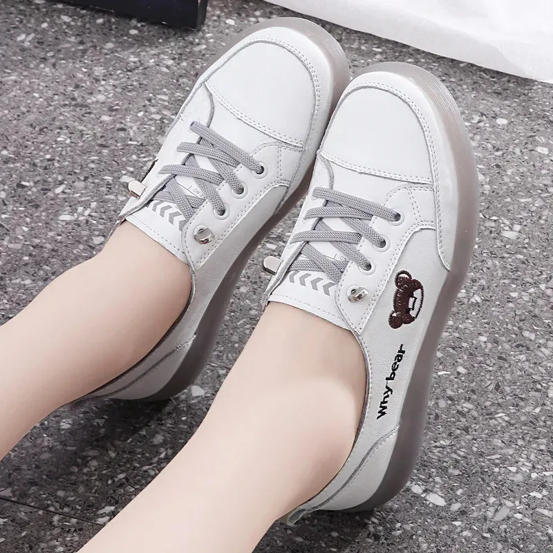 Spring Oxfords Women's Flat Shoes Casual Classic Solid Color PU Leather White Lacing Sneakers
