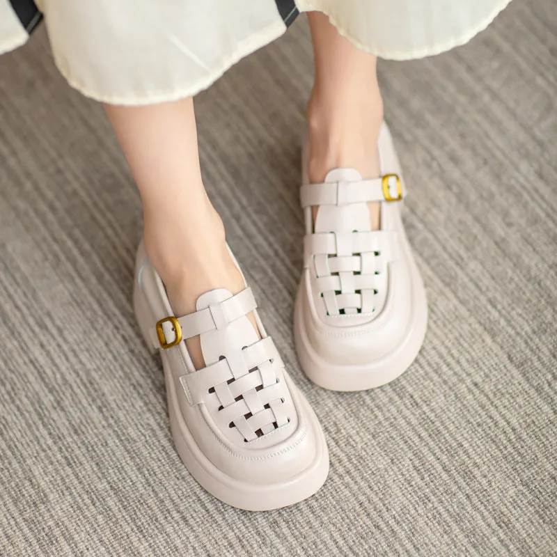 Women Casual Plaited Leather Chunky Lug Sole Sandals