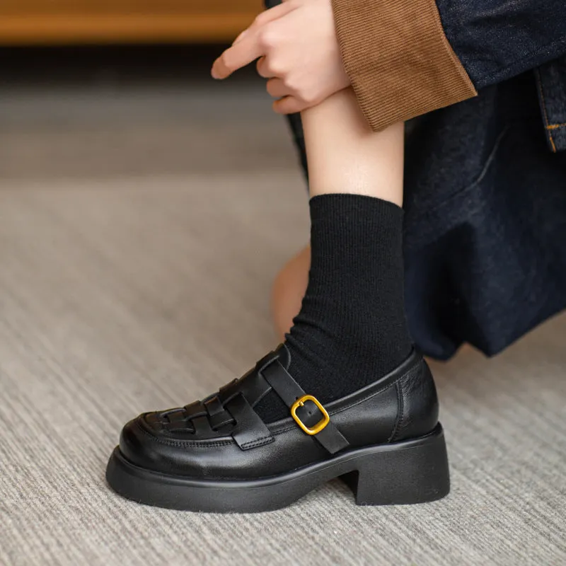 Women Casual Plaited Leather Chunky Lug Sole Sandals