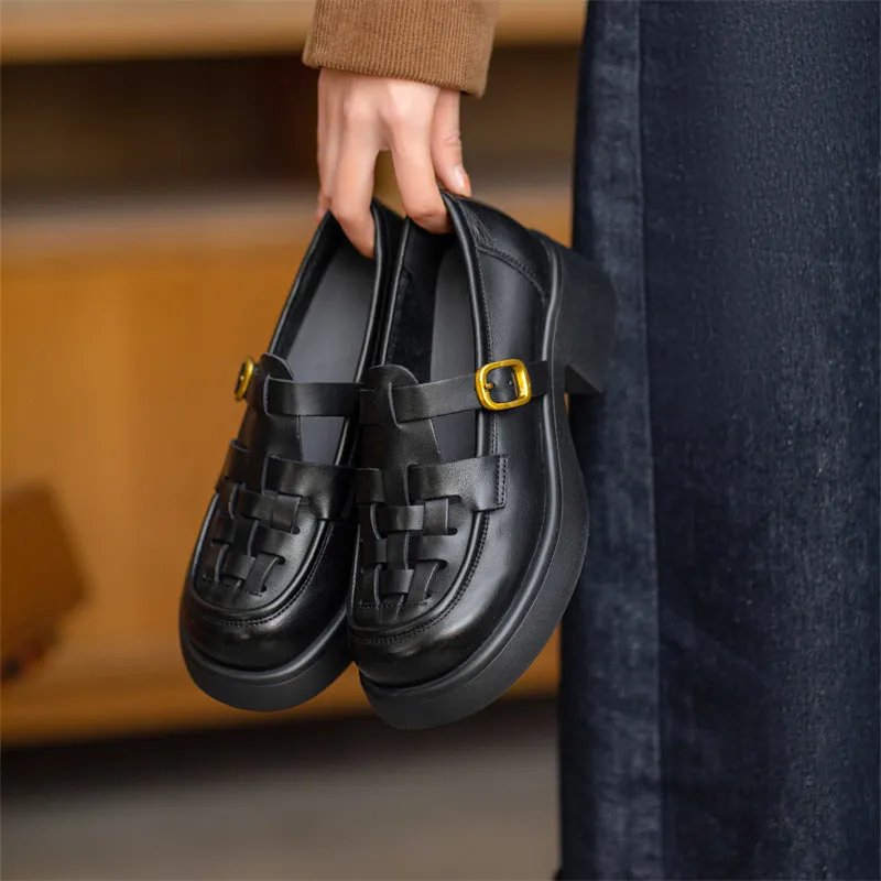 Women Casual Plaited Leather Chunky Lug Sole Sandals